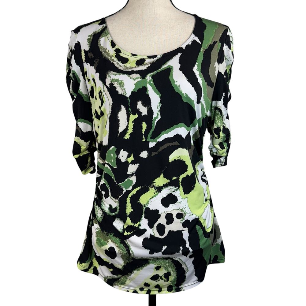 Alfani Medium Top Abstract Stretch Elbow Sleeve Ruched Round Neck Pullover Multi
